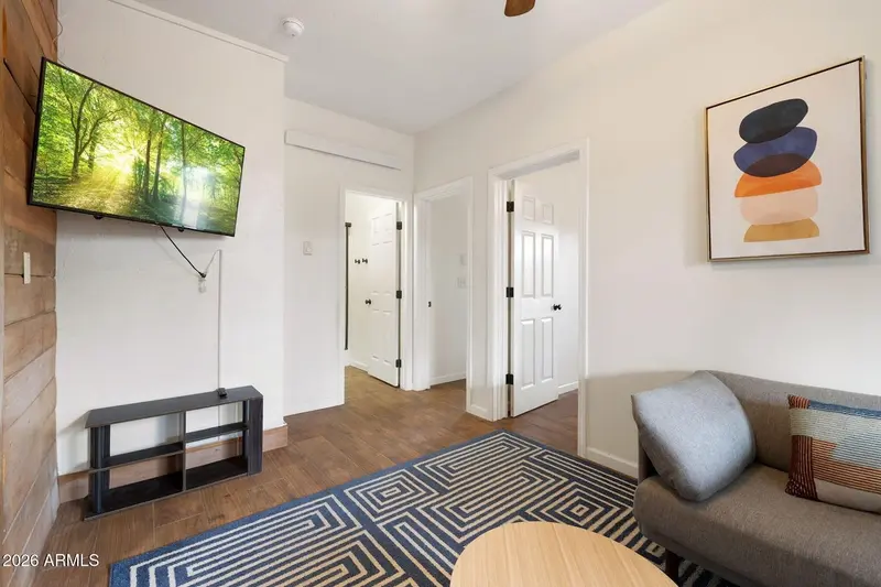 A sitting room with a wall-mounted television showing a forest scene, a low black shelf unit beneath it, a reclaimed-wood plank wall at the left, a grey sofa with patterned cushions at the right, a navy and cream maze-patterned rug on wood-look floor, and two doorways through to the rest of the floor.